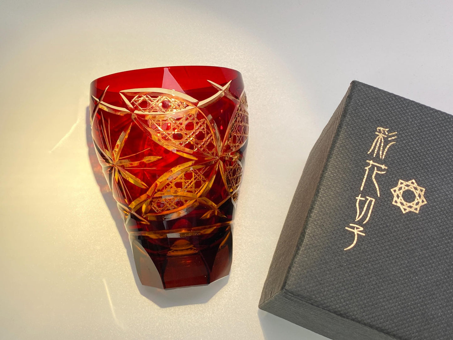 Hand cut Edo Kiriko Crystal Cup from Toyo Sasaki Red Ayaka,Japanese Vintage Edo Kiriko Red Whisky Glass, Original Box, Mint