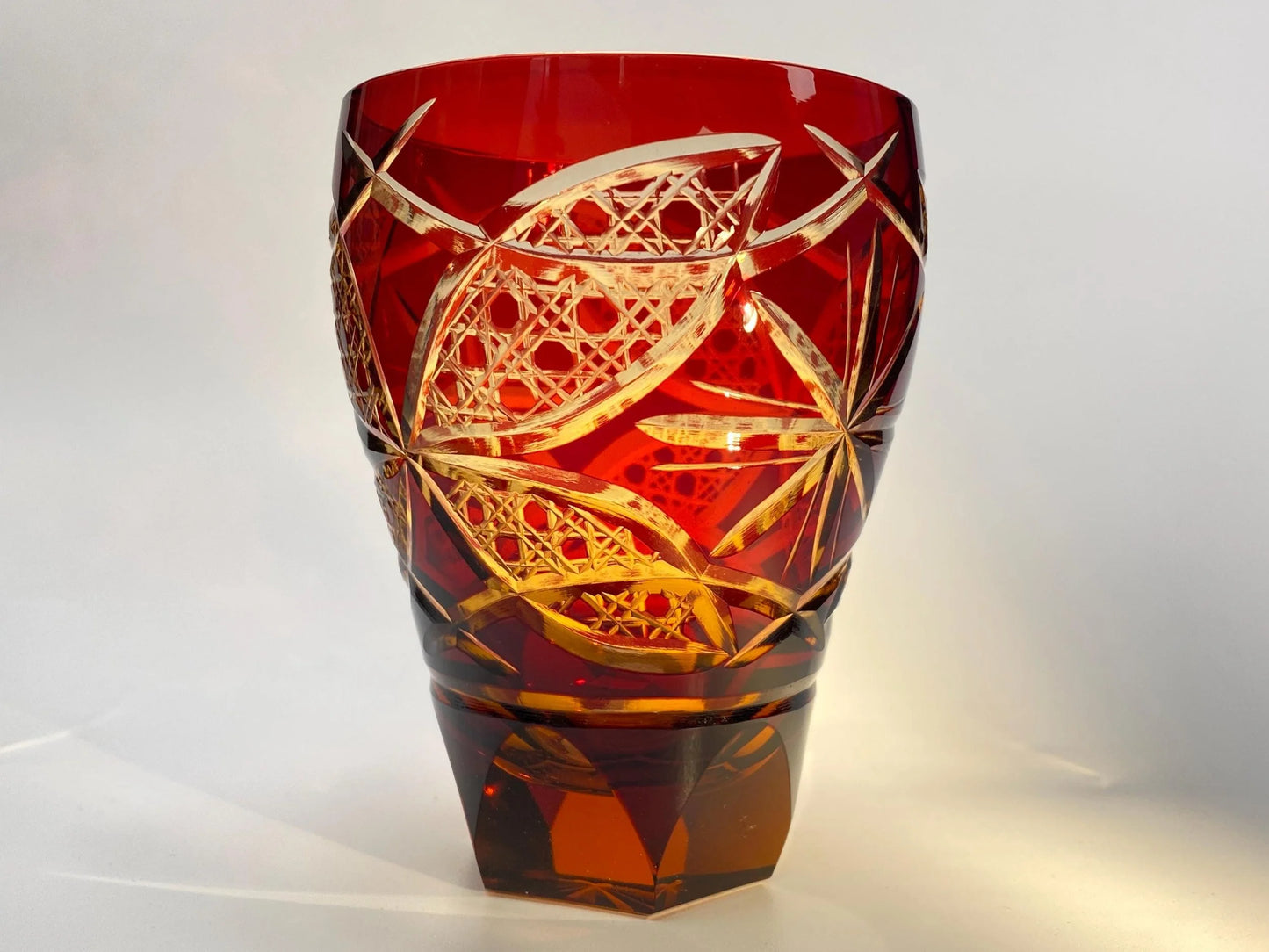 Hand cut Edo Kiriko Crystal Cup from Toyo Sasaki Red Ayaka,Japanese Vintage Edo Kiriko Red Whisky Glass, Original Box, Mint