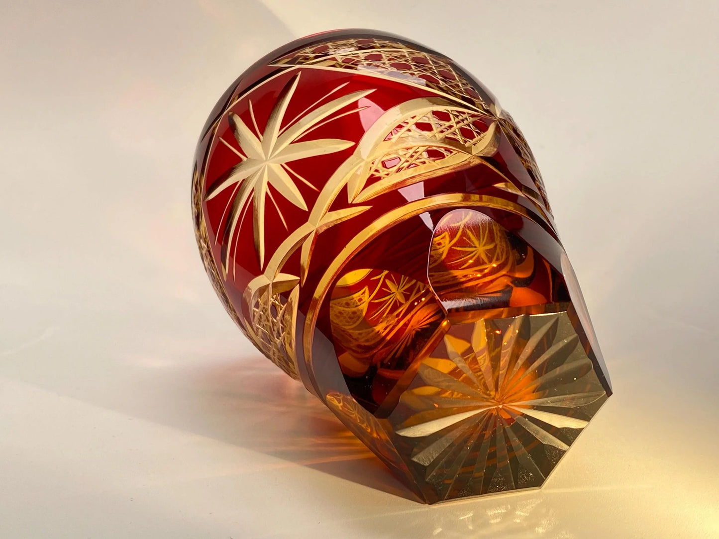 Hand cut Edo Kiriko Crystal Cup from Toyo Sasaki Red Ayaka,Japanese Vintage Edo Kiriko Red Whisky Glass, Original Box, Mint