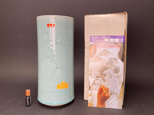 Tobe Yaki Japanese Celadon Ceramic Cylinder Vase, Unused Ikenobo Ikebana Flower Vase, Vintage Porcelain Brush Pot, Artisan Crafted