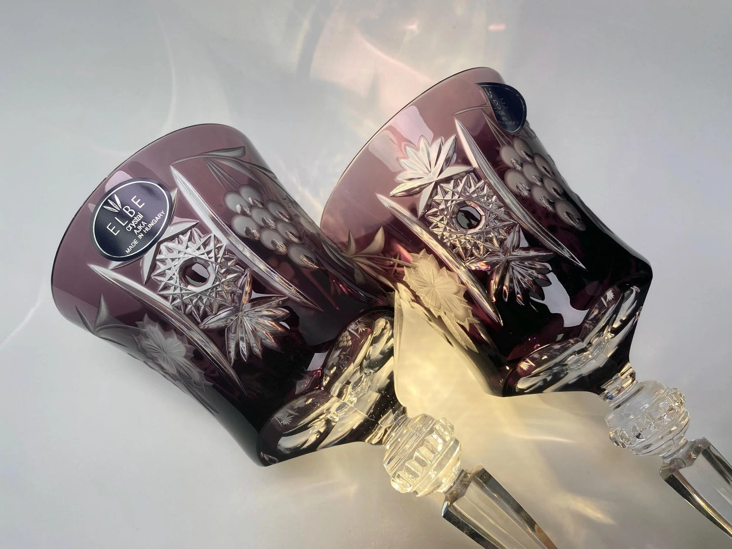 Elbe Crystal Goblet Pair Amethyst Hungarian