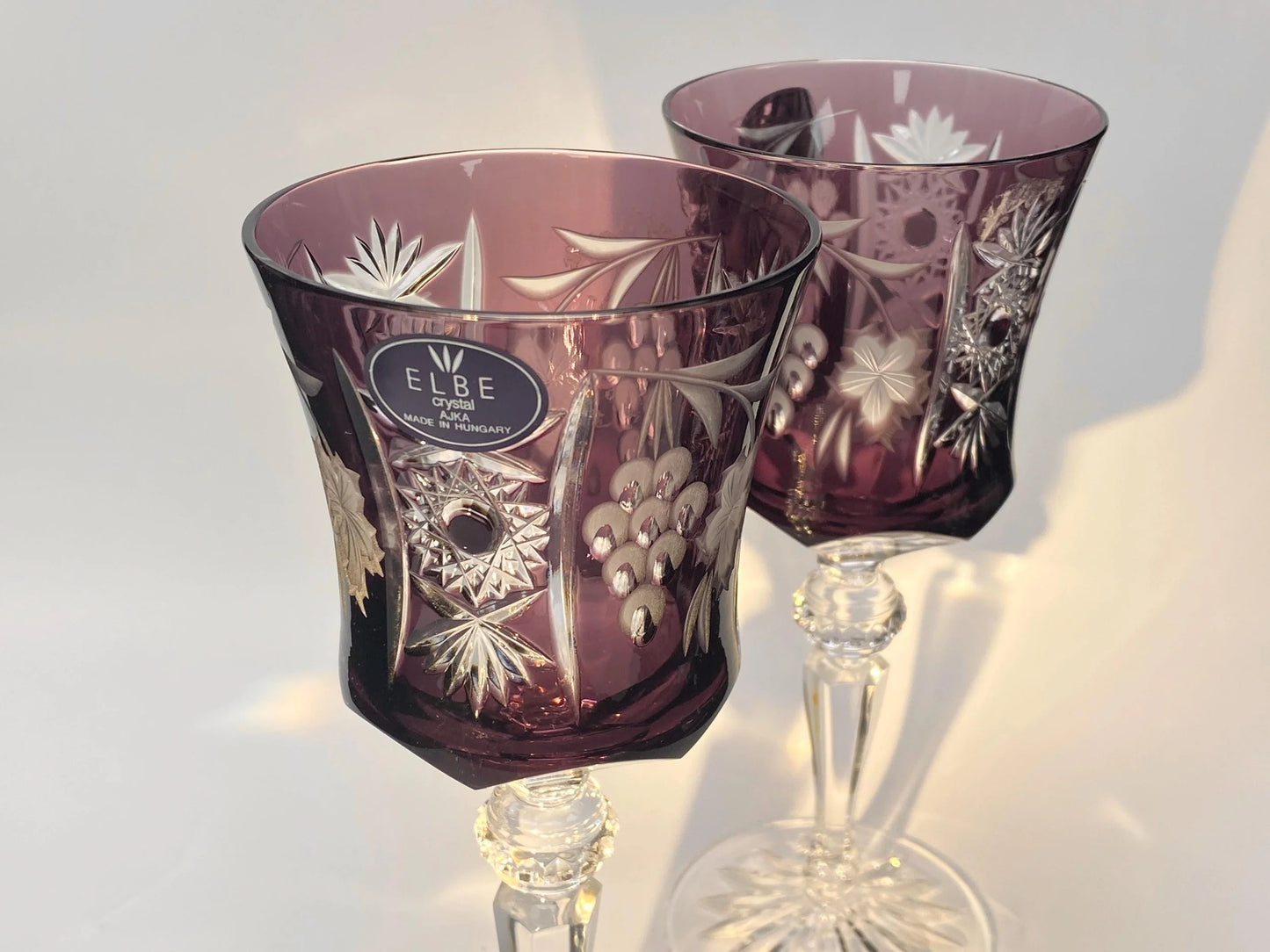 Elbe Crystal Goblet Pair Amethyst Hungarian