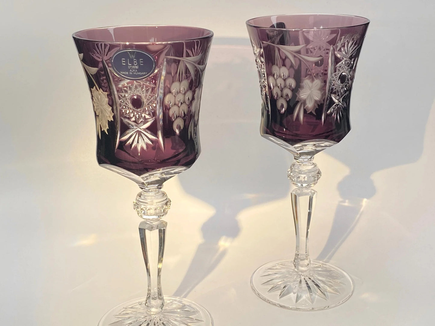 Elbe Crystal Goblet Pair Amethyst Hungarian