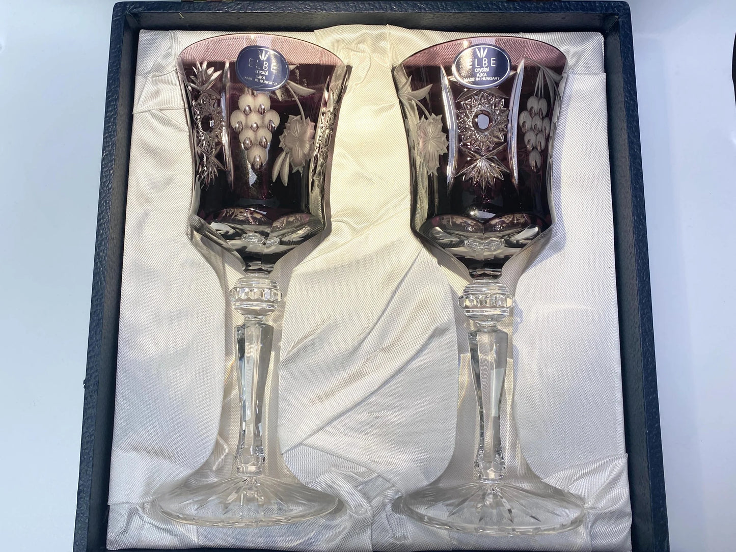 Elbe Crystal Goblet Pair Amethyst Hungarian