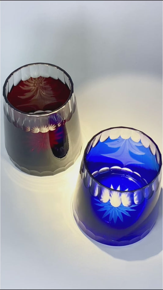 Edo Kiriko Mt Fuji Cut Glass Tumbler Pair Red Blue